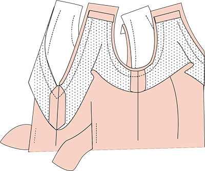 Cette illustration numérique montre une étape de construction de la robe Véga : couture des parementures